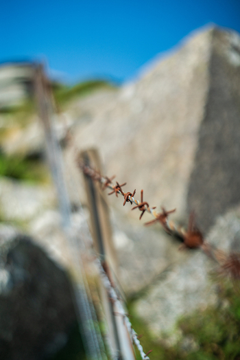 View of the Cheesewring rock formation in the background behind a strand of rusty barbed wire in the landscape of Minions Cornwall United Kingdom. View of the Cheesewring rock formation in the background behind a strand of rusty barbed wire in the landscape of Minions Cornwall United Kingdom.