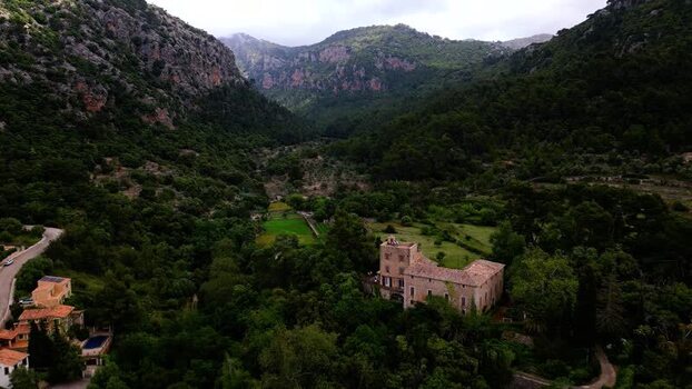 Aerial view of Valldemossa village in a mountain valley Spain.