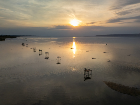 Aerial view of Lake Balaton sandbars and piers near Balatonfenyves shore Aerial view of Lake Balaton sandbars and piers near Balatonfenyves shore