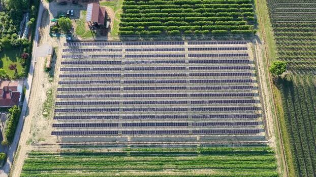 Aerial view of solar panel farm in Faenza Italy.