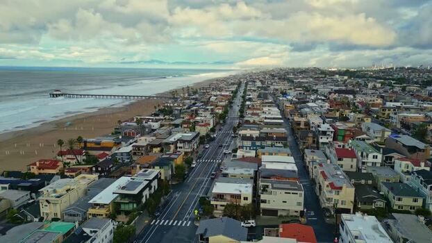 Aerial view of Manhattan Beach pier and coastline United States.