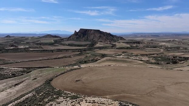 Aerial view of Bardenas Reales desert landscape Spain.