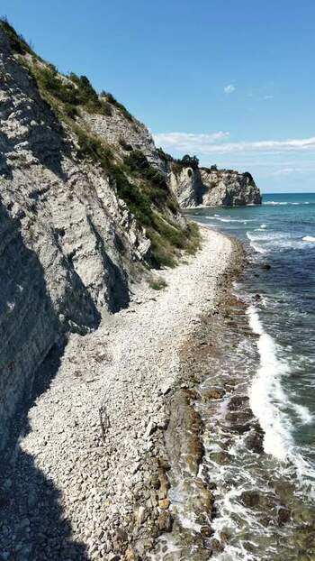 Aerial view of rocky cliffs and pebble beach in Byala Bulgaria.