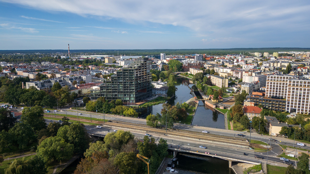 Aerial view of the vibrant city where the modern architecture meets the serene river juxtaposing urban development with natural beauty Bydgoszcz Województwo kujawsko pomorskie Poland. Aerial view of the vibrant city where the modern architecture meets the serene river juxtaposing urban development with natural beauty Bydgoszcz Województwo kujawsko pomorskie Poland.