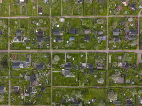 Aerial view of allotment gardens with small houses green plots and grid like paths in Helsinki Uusimaa Finland.