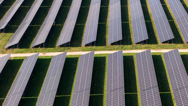 Aerial view of rows of solar panels in a large solar farm set in a grassy field in Poland.
