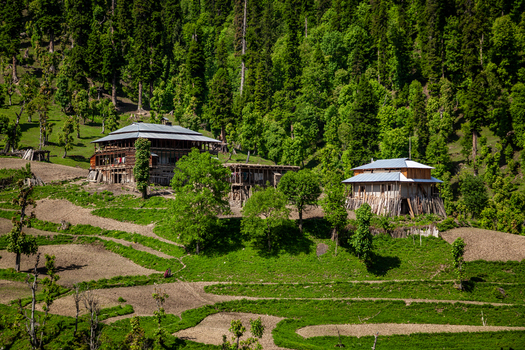 View of traditional wooden houses on terraced hillsides surrounded by dense green forest in Arang Kel Azad Kashmir Pakistan. View of traditional wooden houses on terraced hillsides surrounded by dense green forest in Arang Kel Azad Kashmir Pakistan.