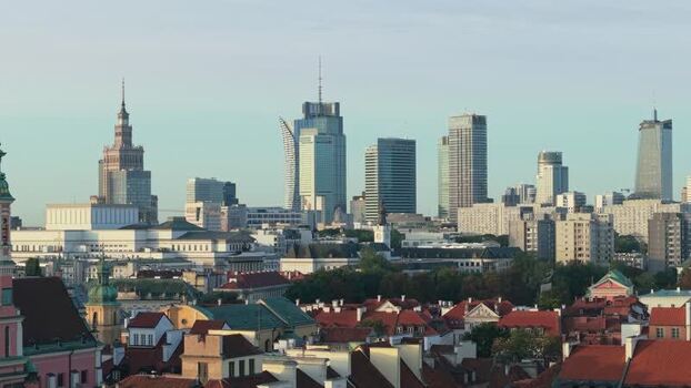 Aerial view of Warsaw skyline in Poland.