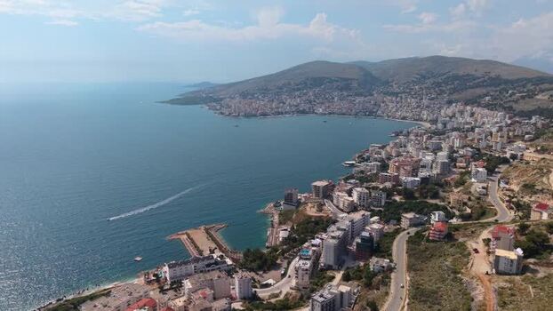 Aerial view of the coastal city of Sarande and the bay Albania.