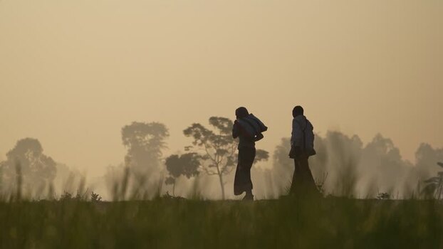 View of people walking through a misty field at dawn Bangladesh. View of people walking through a misty field at dawn Bangladesh.