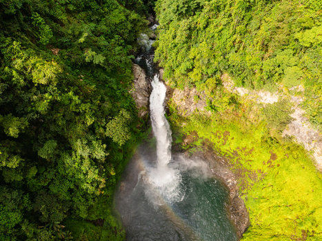 Aerial view of Tappiyah Falls cascading into a turquoise pool with a rainbow in the mist surrounded by dense jungle in Banaue Cordillera Administrative Region Philippines.