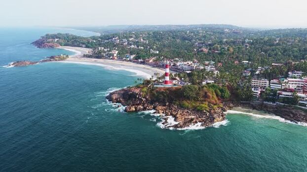 Aerial view of Vizhinjam Lighthouse and Kovalam beach India. Aerial view of Vizhinjam Lighthouse and Kovalam beach India.