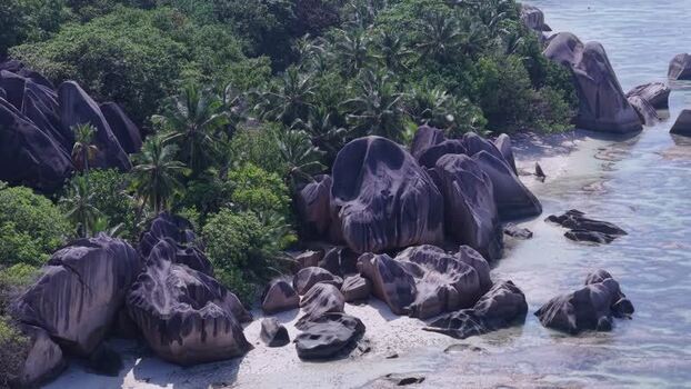 Aerial view of granite boulders at Anse Reunion Seychelles.