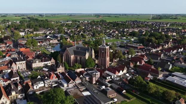 Aerial view of Sint Gertrudiskerk church in Workum Netherlands.