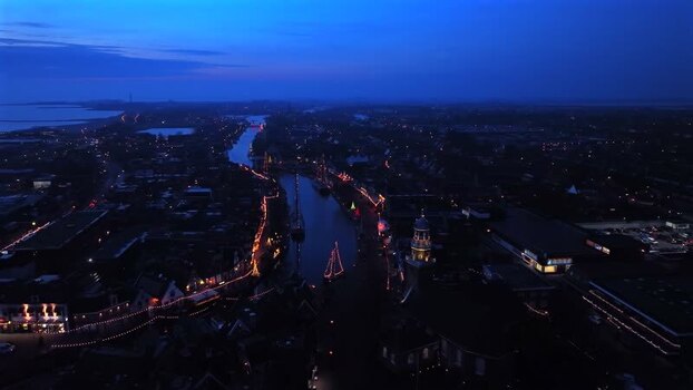 Aerial view of Lemmer town with festive lights at night Netherlands.
