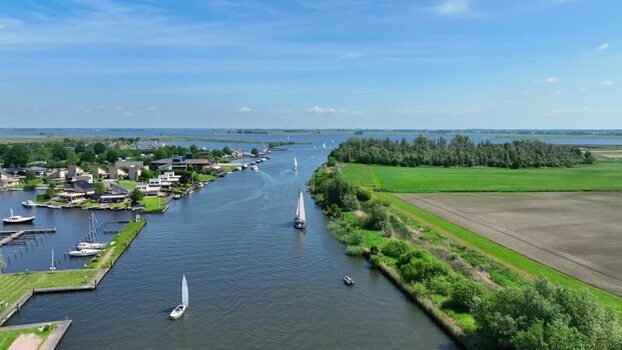Aerial view of sailboats on a canal in Koudum Netherlands.