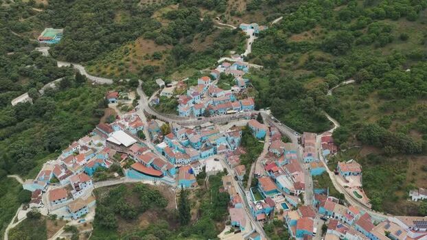 Aerial view of the blue village of Juzcar Spain.