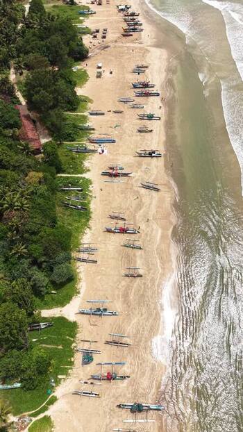 Aerial view of fishing boats on the beach in Weligama Sri Lanka.