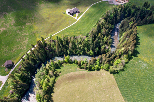 Aerial view of the Sarine river winding through lush green meadows and dense pine forests with a traditional chalet Rougemont Vaud Switzerland. Aerial view of the Sarine river winding through lush green meadows and dense pine forests with a traditional chalet Rougemont Vaud Switzerland.
