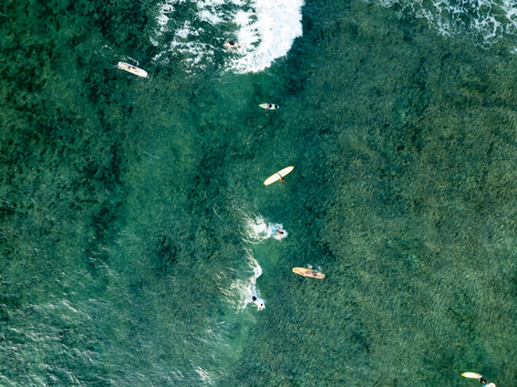 Aerial view of surfers on surfboards in the clear turquoise waters of Mahaybo Beach in General Luna Caraga Philippines. Aerial view of surfers on surfboards in the clear turquoise waters of Mahaybo Beach in General Luna Caraga Philippines.