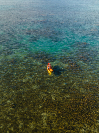 Aerial view of a lone kayaker in a yellow boat glides over the crystal clear turquoise waters revealing the intricate tapestry of the coral reef below Goro South Province New Caledonia. Aerial view of a lone kayaker in a yellow boat glides over the crystal clear turquoise waters revealing the intricate tapestry of the coral reef below Goro South Province New Caledonia.