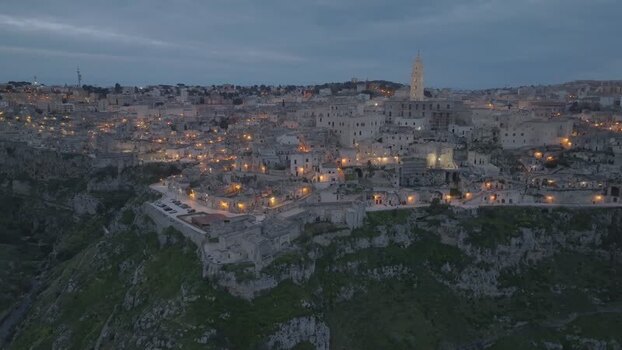 Aerial view of Sassi di Matera at dusk Italy.