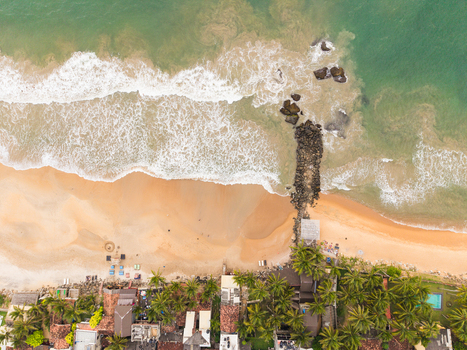 Aerial view of a sandy beach with crashing waves a stone breakwater and lush palm trees lining the shore in Galle Southern Province Sri Lanka.
