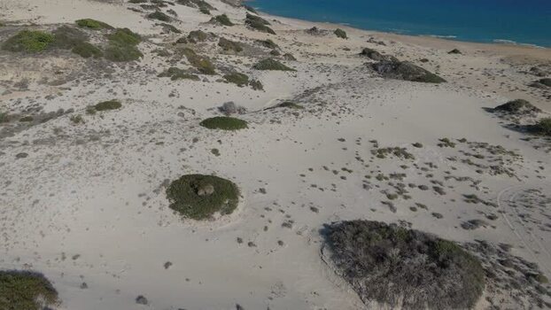 Aerial view of sand dunes and coastal landscape Northern Cyprus.