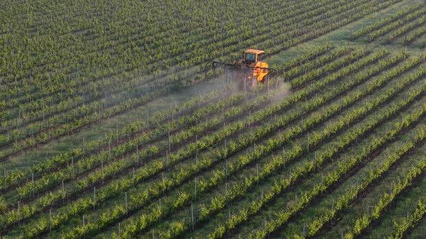 Aerial view of a tractor spraying a vineyard France. Aerial view of a tractor spraying a vineyard France.