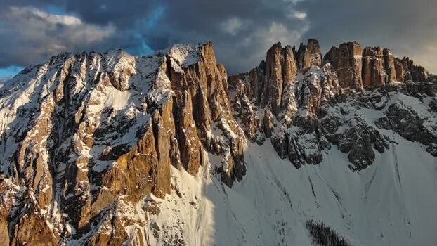 Aerial view of Dolomite Mountains in Canazei Italy.