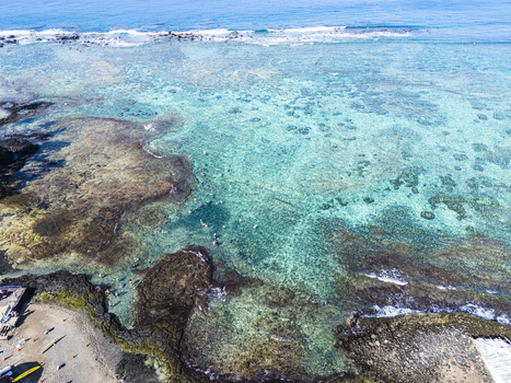 Aerial view of Kahalu u Beach Park with people snorkeling in turquoise waters over coral reefs and volcanic rocks in Kailua Kona Hawaii United States. Aerial view of Kahalu u Beach Park with people snorkeling in turquoise waters over coral reefs and volcanic rocks in Kailua Kona Hawaii United States.