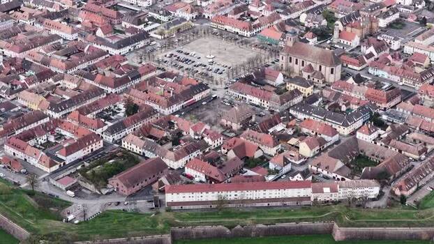 Aerial view of central plaza and church Neuf Brisach France.