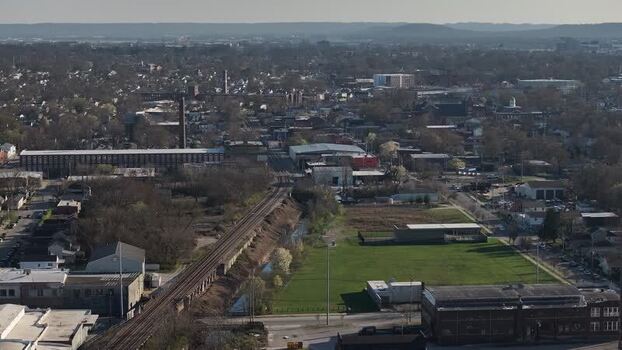 Aerial view of railroad tracks and urban landscape United States. Aerial view of railroad tracks and urban landscape United States.