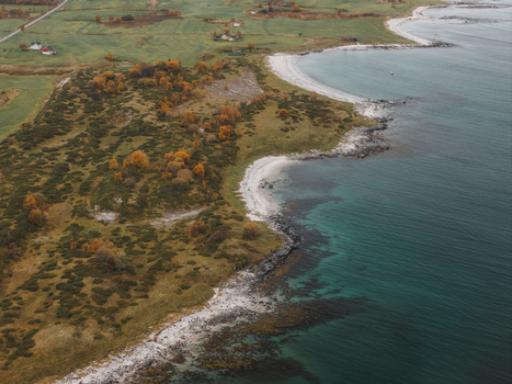 Aerial view of the Lofoten coastline featuring a sandy beach rocky shoreline and autumn colored vegetation with the deep blue sea meeting the land in Svolvaer Nordland Norway.