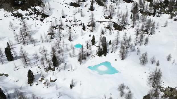 Aerial view of turquoise glacial lakes mirroring the sky amidst the stark white snow and scattered trees of Mount Colmet Arpy Valle d Aosta Italy. Aerial view of turquoise glacial lakes mirroring the sky amidst the stark white snow and scattered trees of Mount Colmet Arpy Valle d Aosta Italy.