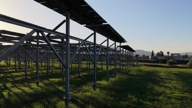 Aerial view of solar panel structure in a field Italy.