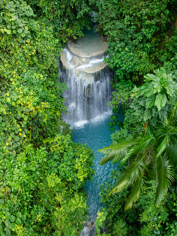Aerial view of the multi tiered Aguinid Falls cascading into a turquoise pool surrounded by dense tropical jungle and lush green foliage in Samboan Central Visayas Philippines.