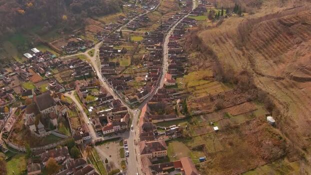 Aerial view of village and fortified church Romania. Aerial view of village and fortified church Romania.