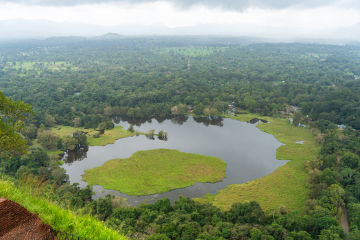 View of a calm lake with a large green vegetation island surrounded by dense tropical forest and misty mountains under an overcast sky in Sigiriya Central Province Sri Lanka. View of a calm lake with a large green vegetation island surrounded by dense tropical forest and misty mountains under an overcast sky in Sigiriya Central Province Sri Lanka.