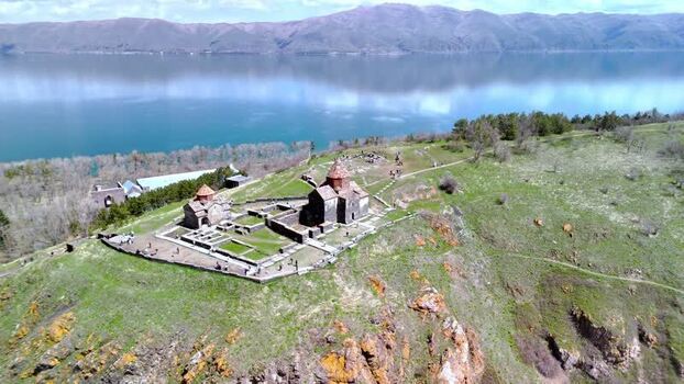 Aerial view of Sevanavank monastery overlooking Lake Sevan Armenia. Aerial view of Sevanavank monastery overlooking Lake Sevan Armenia.