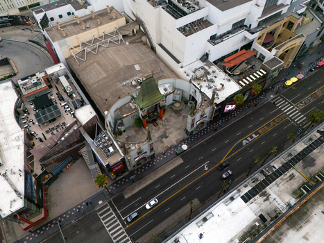 Los Angeles United States 25 September 2026 Aerial view of the historic TCL Chinese Theatre and the surrounding Hollywood Walk of Fame with busy streets and urban architecture.