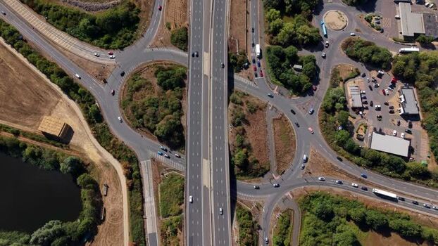 Aerial view of A1 motorway traffic in Huntingdon United Kingdom. Aerial view of A1 motorway traffic in Huntingdon United Kingdom.