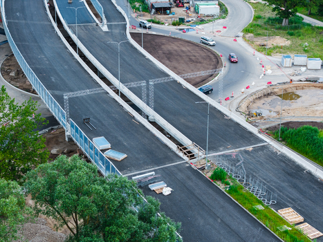 Riga Latvia 04 July 2026 Aerial view of the Janis Cakste Avenue construction project showing the new road infrastructure and bridge connections in the Pardaugava district. Riga Latvia 04 July 2026 Aerial view of the Janis Cakste Avenue construction project showing the new road infrastructure and bridge connections in the Pardaugava district.