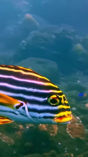 View of a striped fish swimming near a coral reef Indonesia. View of a striped fish swimming near a coral reef Indonesia.