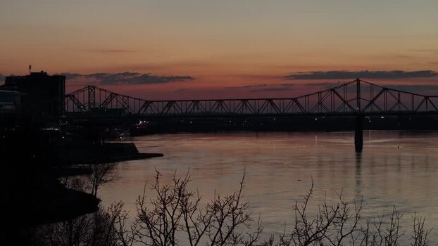 Aerial view of the bridge over the Ohio River at dusk United States. Aerial view of the bridge over the Ohio River at dusk United States.