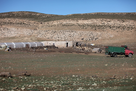 View of a rural farmstead with a simple stone dwelling a parked green truck and a flock of sheep grazing in the arid landscape of Morocco.
