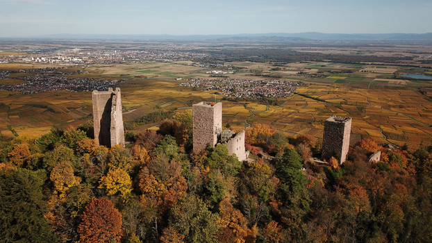 Aerial view of the Trois Chateaux d Eguisheim surrounded by autumn foliage and vineyards Eguisheim Grand Est France.