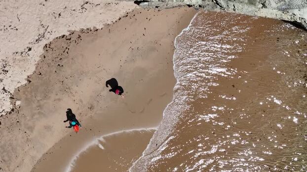 Aerial view of people on a sandy beach with waves in Portugal.