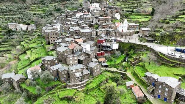 Aerial view of village and church Portugal.