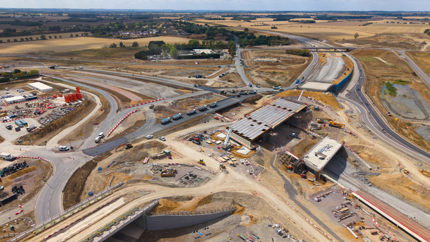 Aerial view of Black Cat Roundabout highway construction showing civil engineering works with heavy machinery and bridge structures in Chawston England United Kingdom. Aerial view of Black Cat Roundabout highway construction showing civil engineering works with heavy machinery and bridge structures in Chawston England United Kingdom.